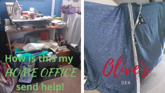 home office in a mess including den made of fabric sheet